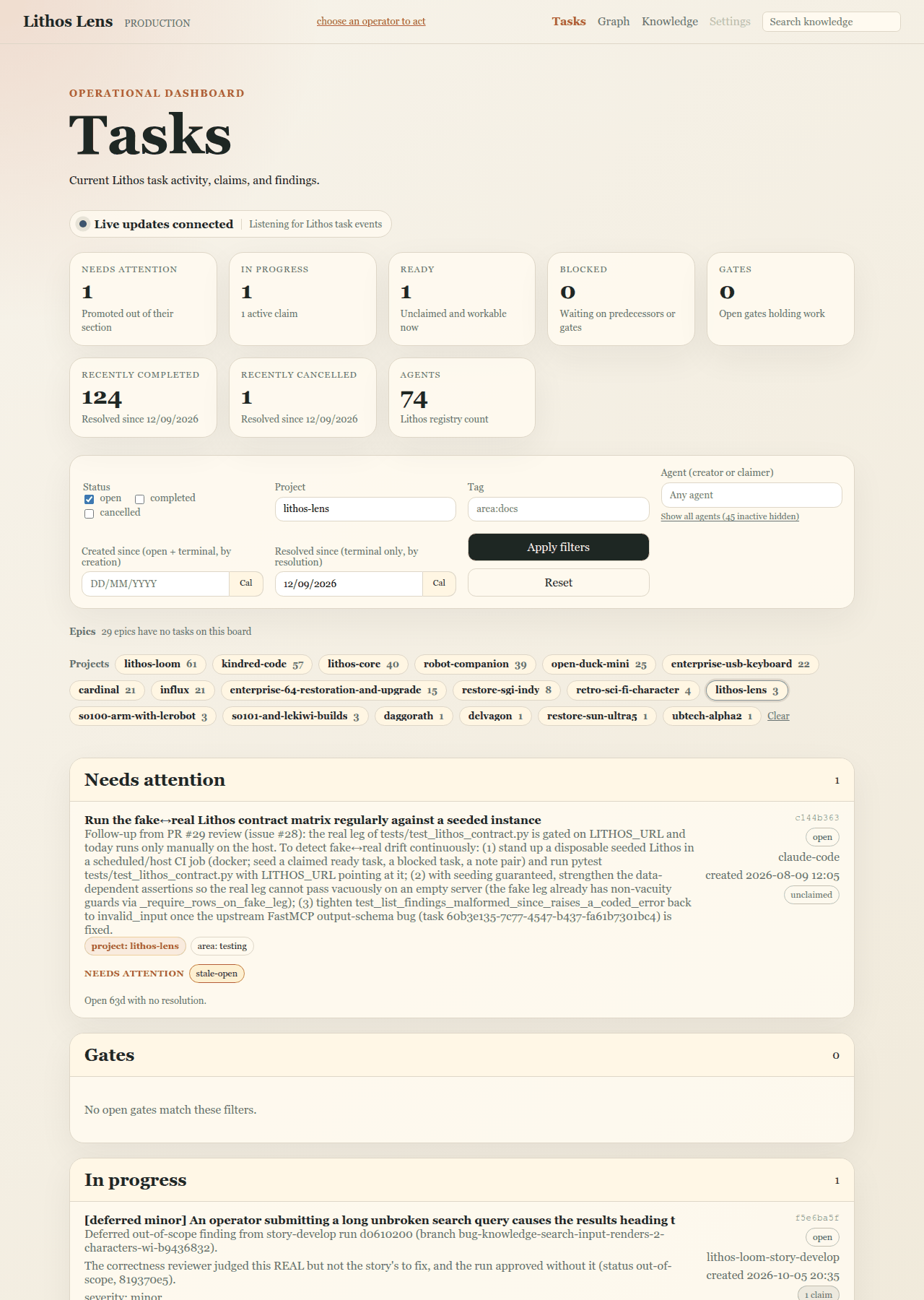 The Tasks dashboard, scoped to one project and showing open tasks only