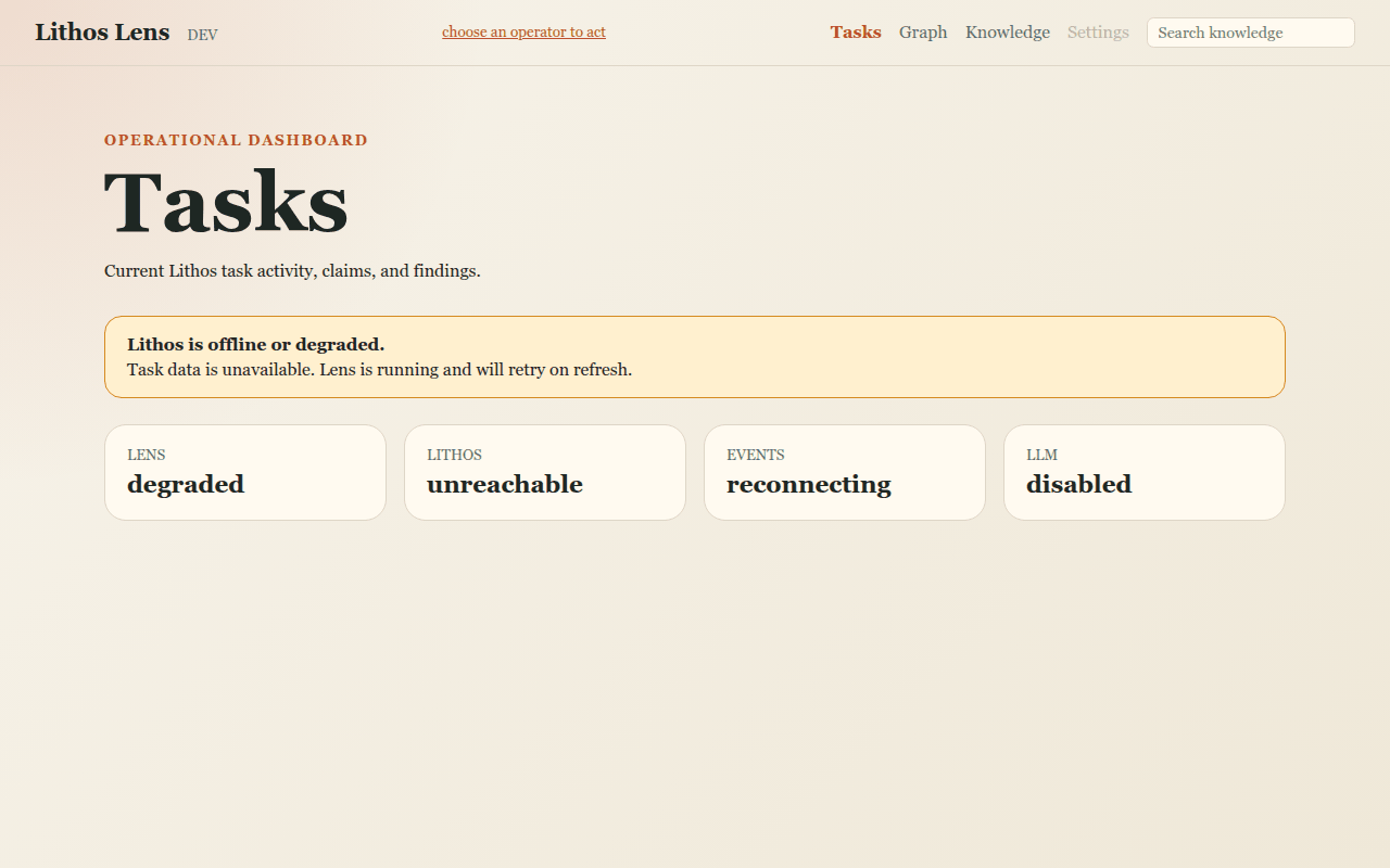The dashboard of a Lens instance whose Lithos server is unreachable