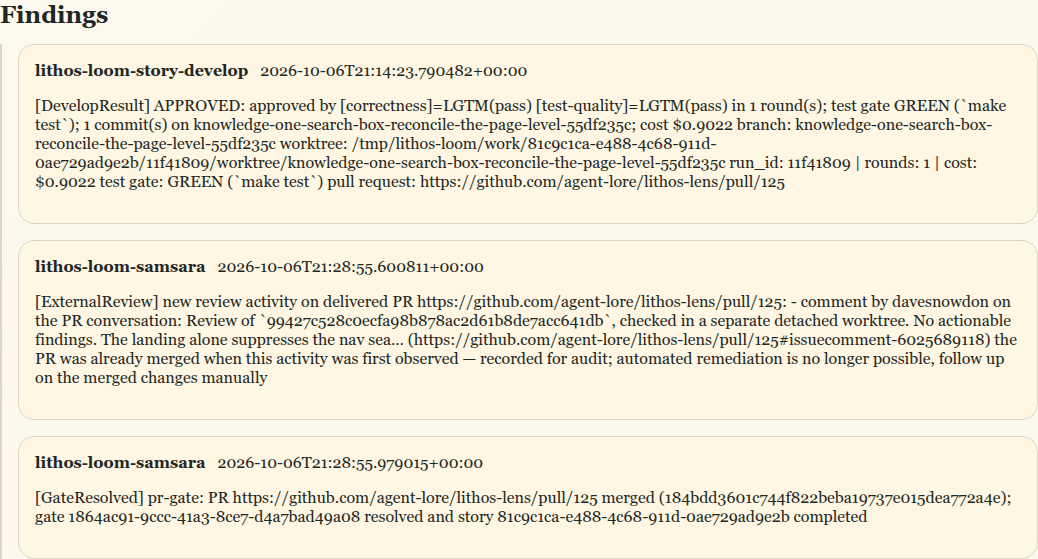 The Findings section of a task's detail page