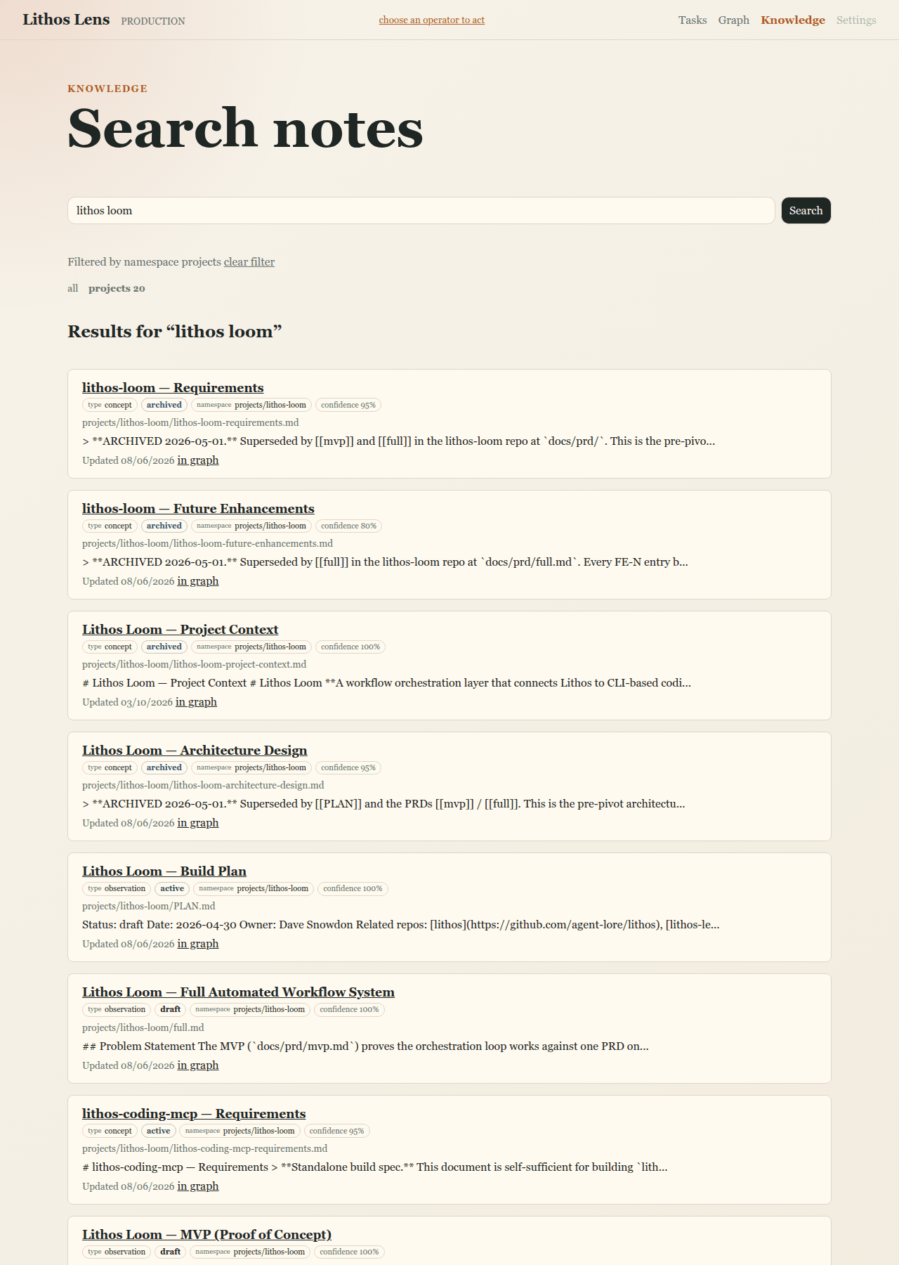 Search results for "lithos loom", filtered to the projects namespace