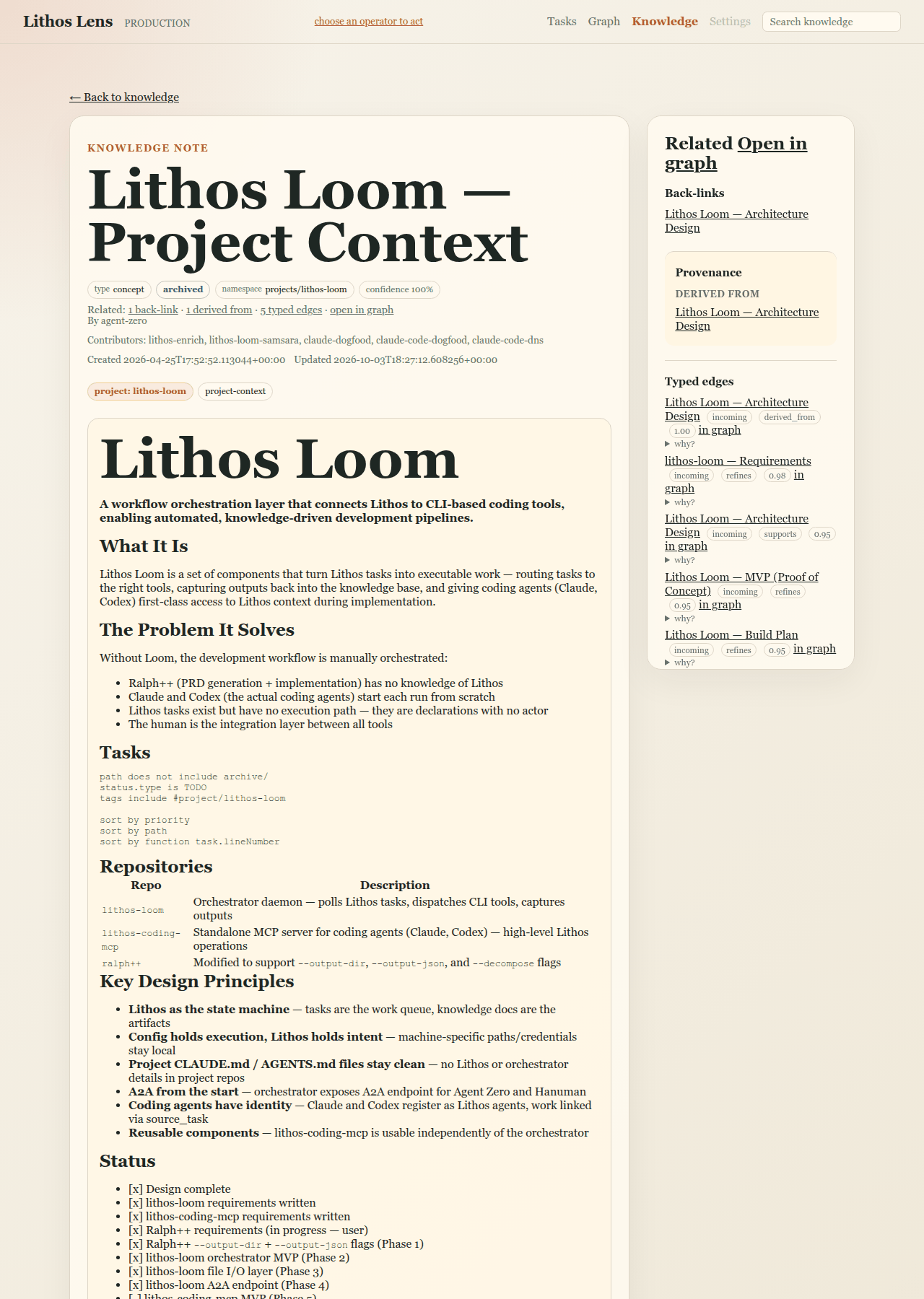 A rendered project note with its Related panel beside it