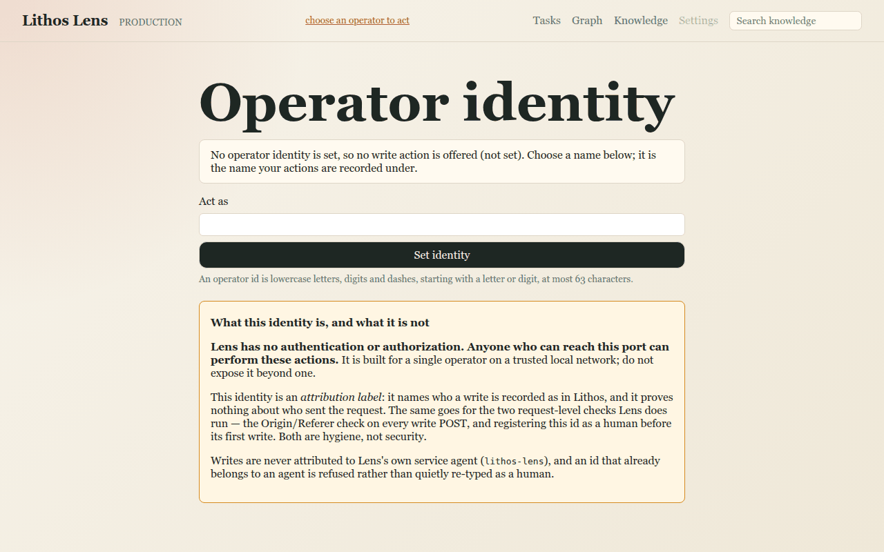 The operator identity page, with no identity set yet