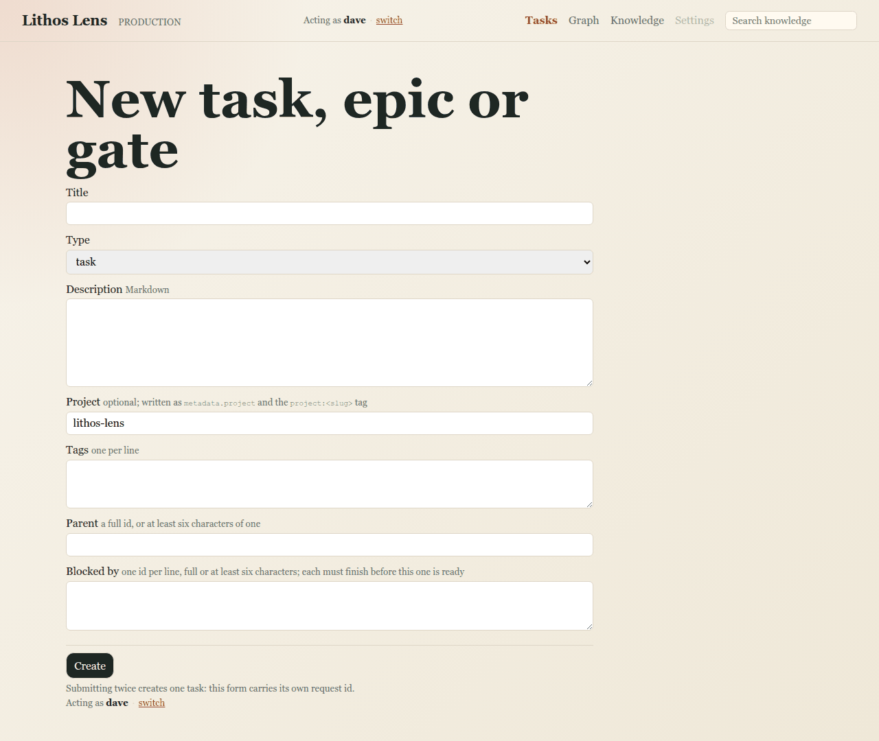 The New task, epic or gate form